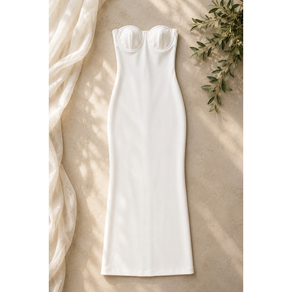 Bershka White Strapless Underwire Maxi Dress Bridal Formal Bodycon L Minimalist